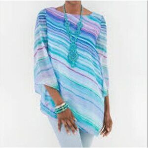 CHICOS Blue Stripe Chiffon Top Large (Chicos 2) Asymmetric Tunic Womens